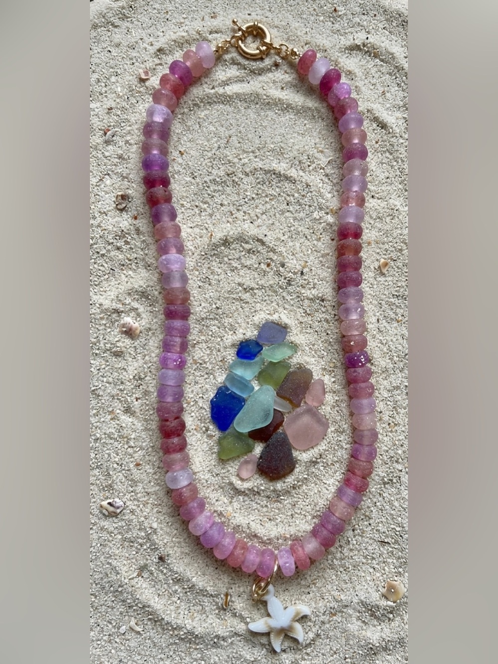 Handmade Hawaiian feel Pink Beaded Necklace with White Plumeria Flower Pendant